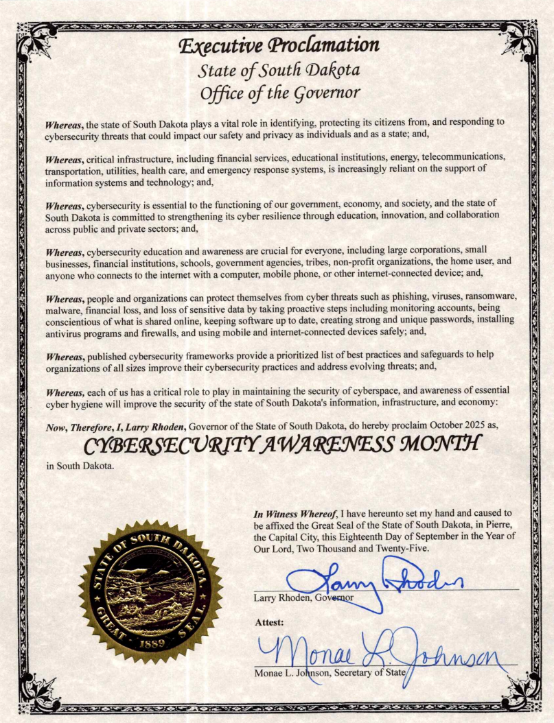 Cybersecurity Awareness Month Governors Proclamation 2025