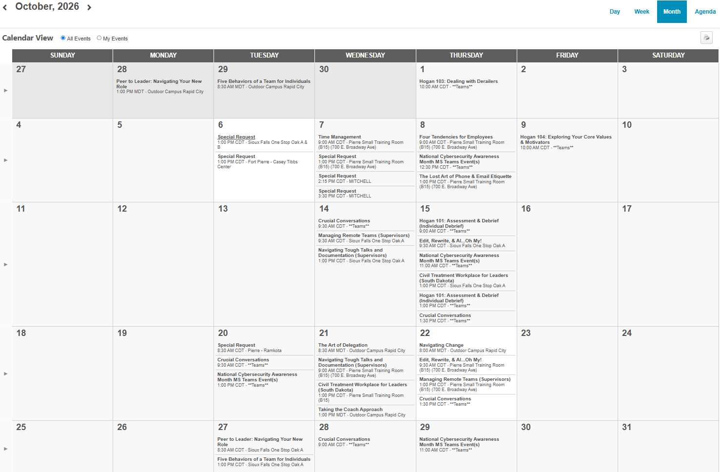 October Training Calendar 