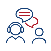 Image of icon with two people - one wearing a headset - both have callout boxes above them