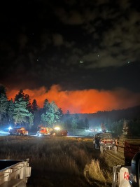 Image of night forest fire with fire trucks and an orange glow coming from behind a hilltop