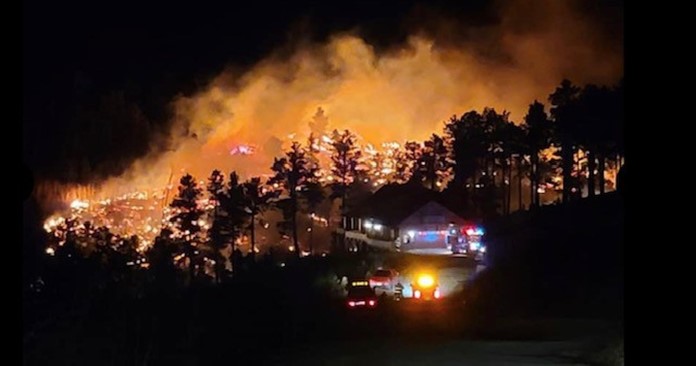 Image of emergency lights on first responder vehicles on the side of a forested hill engulfed in fire