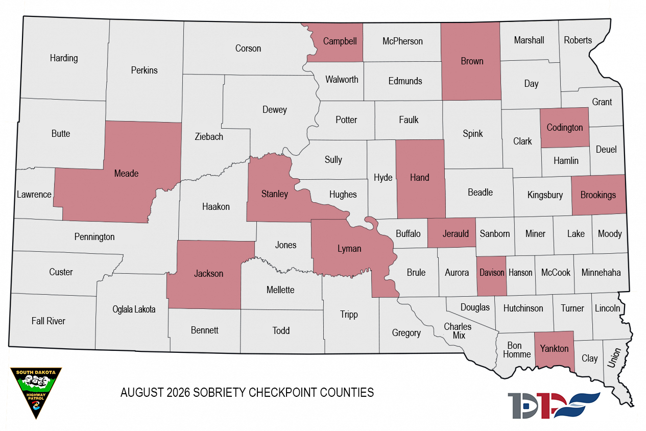 Map of South Dakota. Highway Patrol will run sobriety checkpoints in the highlighted counties.