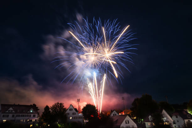 Image of fireworks in the sky above a neighborhood