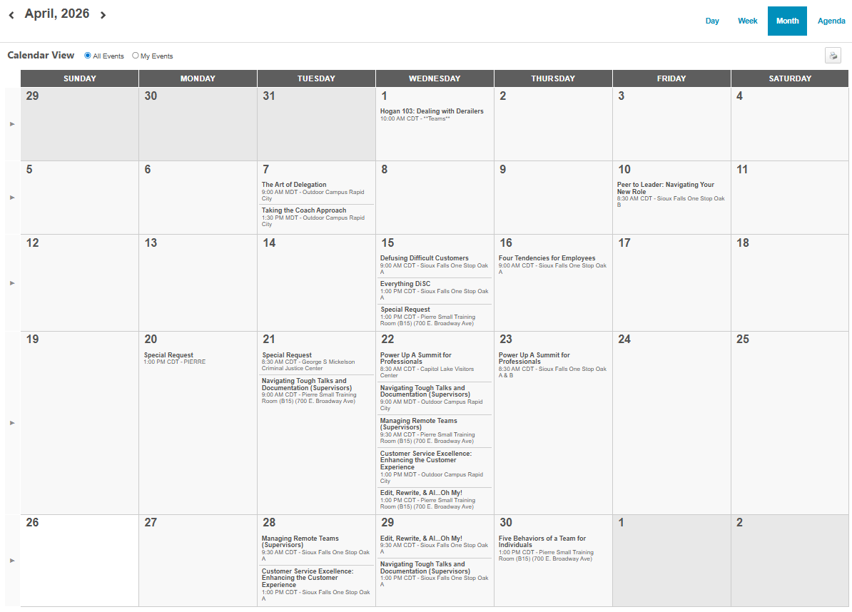 April Training Calendar