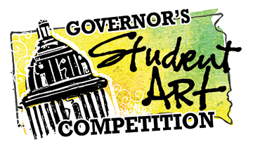 This is a logo created with the shape of the state of South Dakota in light green and yellow watercolor is outlined in black ink. A drawing of the dome of the Capitol building is on the left hand side. The words Governor's Student Art Competition are on the right hand side.