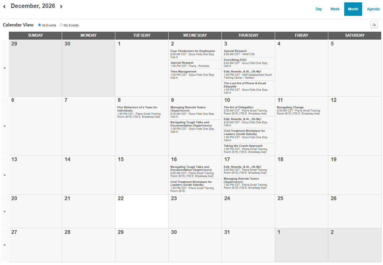 December Training Calendar